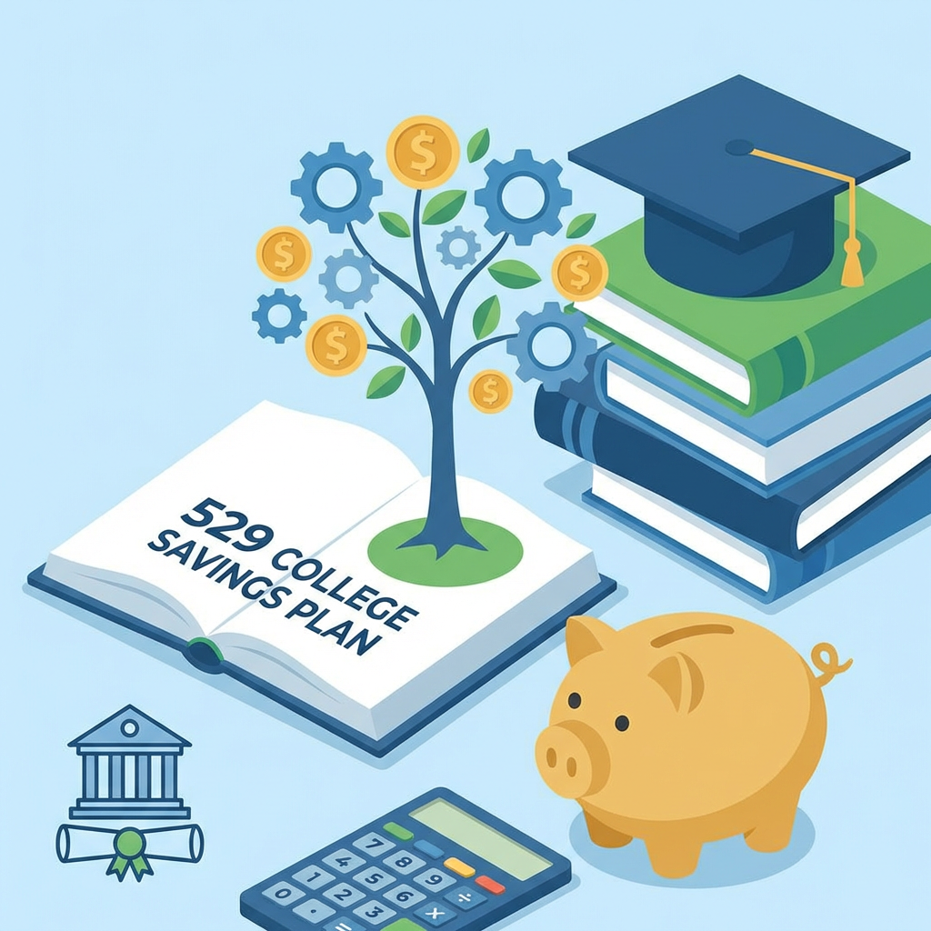 Illustration of a 529 College Savings Plan featuring a growing tree, books, and piggy bank.