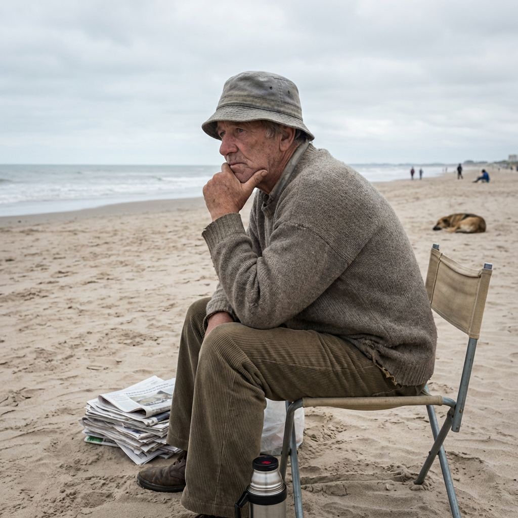 Pensive elderly man sitting on a beach chair overlooking the ocean under a cloudy sky.