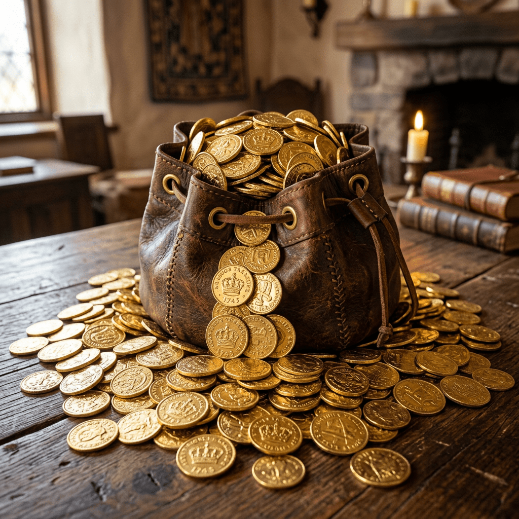 Leather pouch filled with gold coins overflowing onto wooden table
