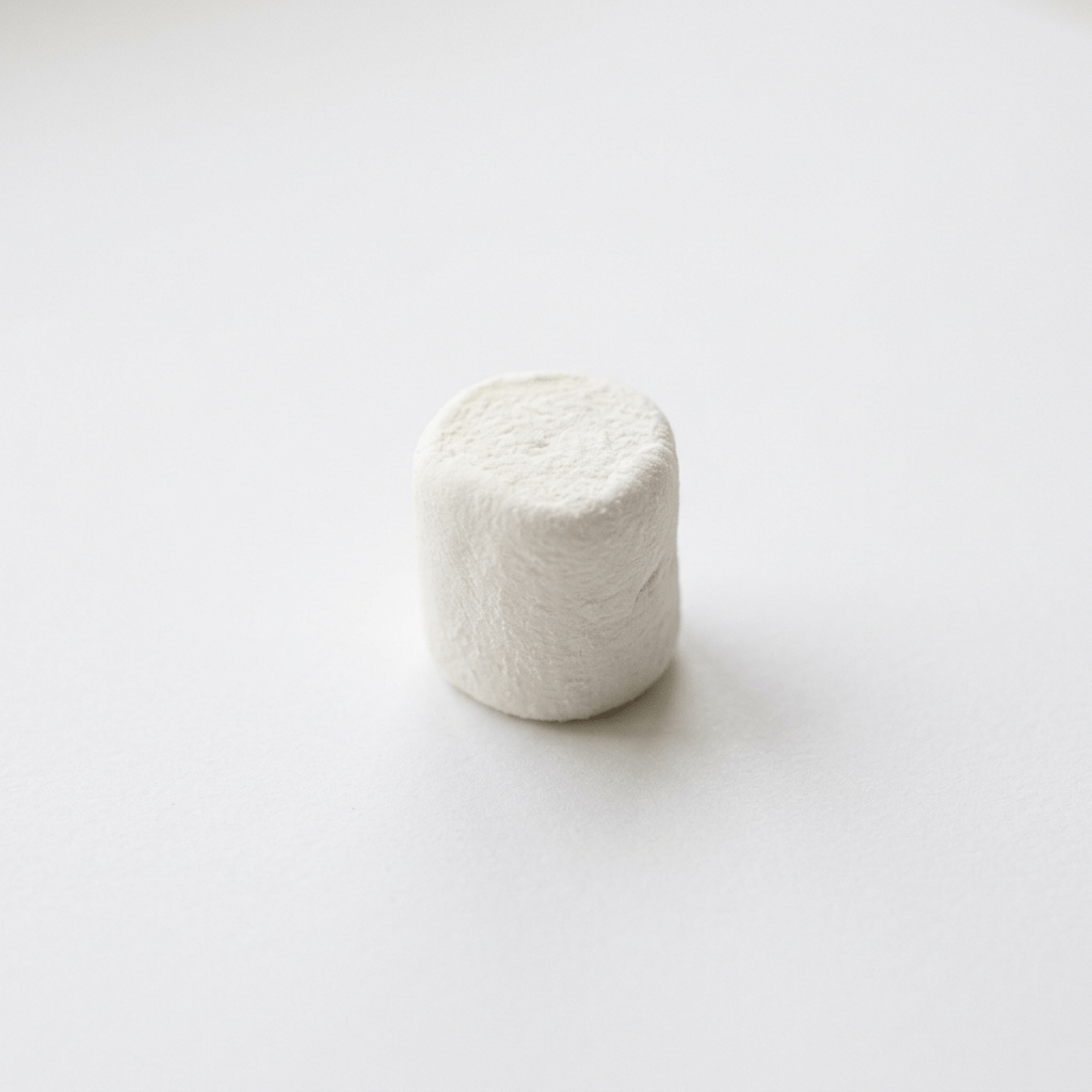Single white marshmallow placed on a smooth white background