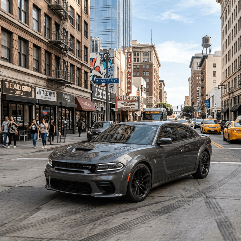 Gray Dodge Charger R/T classic car driving on city street with shops and pedestrians