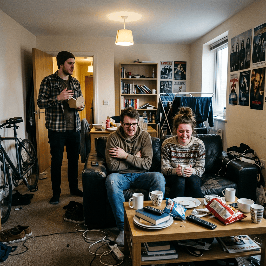 Three roommates in a cluttered living room, with two seated and visibly distressed.